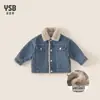Roupas Infantis Yingsibo Inverno Novo Jaqueta Jeans Forrada com Fleece Roupas para Meninas Gola Reversível Casaco Infantil Conjunto Jeans para Meninos