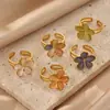 Anillo Retro de Moda Colorido Ojo de Gato Flor Acero Inoxidable Chapado en Oro de 18k para Mujer Sentido del Diseño Dulce Temperamento Anillo de Dedo