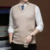 Chaleco de lana para hombre de otoño e invierno, 60% lana, cuello en V, talla grande, chaleco de punto formal tipo jersey, chaleco casual sin mangas para hombres jóvenes y de mediana edad