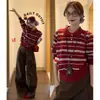 Tejido de Punto Rayado Estilo Coreano para Primavera y Otoño para Mujer, Nuevo Cárdigan Suéter Rayado Perezoso, Top Elegante, Rojo, Talla Única