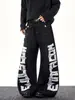 Jeans de Dobladillo Curvo con Estampado de Letras Estilo Streetwear Americano, Estilo Workwear Oscuro, Pantalones Largos Retro de Moda High Street