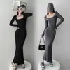 Vestido ajustado de manga larga con cuello cuadrado y clavícula de estilo francés para mujer, vestido largo ajustado de cintura alta y cola de pez para otoño.