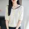 Camisa de Punto de Manga Corta con Cuello Azul Marino de Lyocell Estilo Coreano Abotonada Bloque de Color Base Nuevo Color Primavera/Verano 2026 Ropa para Mujer