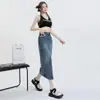 Saia Midi Jeans Nova Estilo Europeu e Americano, Cintura Alta, Confortável, Saia Evasê Emagrecedora para Mulheres Baixas