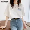 Nueva Camiseta de Algodón Puro de Manga Corta para Mujer 2025, Top Versátil de Verano con Estampado, Hombro Normal, Corte Holgado, Cuello Redondo, Ropa Interior, Estilo Coreano Ins