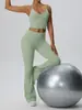 Conjunto Europeu e Americano de Yoga Sensação Nua Duplo Fosco Sexy Decote V Profundo Regata Levanta Bumbum Micro Flare Calça Longa Conjunto de Duas Peças 62142+62347