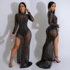 C6866 transfronteiriço AliExpress Amazon moda europeia e americana feminina cor sólida malha strass vestido fenda vestido