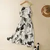 Vestido Branco com Alças Finas Estampa Abstrata em Tinta Estilo Chinês Fresco e Artístico Novo Estilo 2026