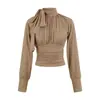 Camiseta Feminina Manga Longa Plissada Gola Alta com Fita Francesa para Outono Slim Fit Roupa de Trabalho Top Sexy de Alto Padrão Costas Abertas