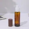 Frasco de Vidro Marrom à Prova de Luz para Loção Frasco Vazio Frasco com Borrifador de Pressão Frasco Cosmético Tampa com Textura de Madeira Frasco Portátil para Amostra