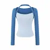 Estilo puramente seductor con diseño de color contrastante, camiseta ajustada de manga larga con cuello halter para mujer, base de camisa de dos piezas simulada, top corto dulce y picante