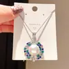 Aretes de Perla Redonda Flor Zircón Aguja Plateada, Cadena para Clavícula de Lujo Ligero de Alta Gama, Conjunto Estilo Palacio Elegante Vintage para Mujer