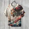 Nueva Camisa Hawaiana para Hombre Paisaje con Tinta Estampado de Sol Transfronteriza Europea y Americana Camisa de Lino de Bambú de Manga Corta con Cuello en V