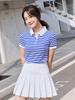 Estilo Transfronterizo Moda de Verano Color de Contraste Solapa Alma Marina Camisa Rayas Azules y Blancas Camisa de Conexión Camiseta de Punto de Manga Corta para Mujer
