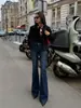 Jeans feminino azul-acinzentado estilo vintage/ levemente flare cintura alta, stretch em quatro direções, corte slim, levanta bumbum, 26 novo modelo de outono, efeito emagrecedor