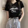 Camiseta Blanca de Algodón Puro para Mujer Diseño Hombro Derecho Manga Corta Verano Estampado de Letras Cintura Alta Top Sexy