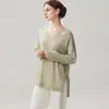 Suéter de tricô feminino fino, finamente trabalhado, de comprimento médio, com fenda lateral, caimento solto, gola V de cashmere, top emagrecedor