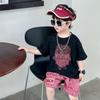 Traje de manga corta con huella dactilar plateada para niños 2025 Verano Nuevo Conjunto Deportivo Casual Guapo para Niños Ropa Infantil