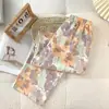 Calça Feminina de Algodão Bolha para Verão, Calça Casual Fina com Estampa de Coração Tamanho Grande para Usar em Casa