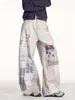 Jeans Retro Americano Desgastado com Estampa Divertida Graffiti 3D para Homens e Mulheres Soltos de Perna Larga Streetwear Versátil de Perna Curva Calça Longa