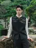 Jaqueta colete sem mangas estilo chinês retrô bordada da moda para homens, peça externa de botões estilo chinês de corte solto