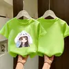Camiseta de Verão Infantil 100% Algodão Manga Curta Meninas Moda Estampada Estilo Coreano Solta e Versátil Blusa Básica Respirável