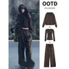 Conjunto Deportivo con Sudadera con Capucha y Pantalones de Chándal Marrón Personalizado para Mujer 2026 Nuevo Conjunto Completo Casual Coreano Otoño e Invierno