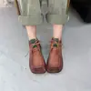 2023 Verde Vinho Rabanete Outono Novo Cor Sólida Primeira Camada Couro Bovino em Estoque Cadarço Frontal Botas de Cano Curto Retro Planas