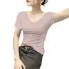 Camiseta Versátil de Manga Curta com Decote V para Mulheres 2025 Nova Popular Verão Top Justo com Estilo Ocidental Camisa de Base Interna e Externa