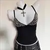 Camisola Retro Americana com Estampa de Strass, Top Escuro Sexy Slim-Fit, Moda de Rua