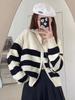 Casaco Cardigan Petite Preguiçoso Tricotado para Mulheres, Novo Outono e Inverno Estilo Macio Cera Gola Polo Listrada Suéter Curto Preto
