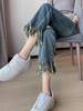 Calça de Fumaça da Moda Feminina com Franjas Vermelhas Cintura Alta Slim Look Alto Cropped Jeans Reto