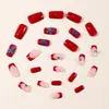Uñas Cuadradas Rojas Estilo Francés Portátiles con Decoraciones de Flores Azules de Resina 3D y Cuentas de Acero, Parches Desmontables de Uñas Postizas