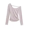 Camiseta Asimétrica Sexy Irregular de Manga Larga para Mujer, Otoño/Invierno Hombros Descubiertos Espalda Descubierta Fruncida Curva Cintura Alta Ajustada