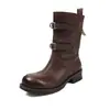Botas Martin de couro lavado de primeira camada para mulheres, botas de motociclista, novo estilo outono/inverno, bico redondo, salto médio, com fivela, botas de cano médio