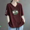 Camiseta com Estampa de Design Único e Estilo Nicho, Gola V de Manga Curta, Estilo Mãe, Tamanho Grande Soltinho, Desconto para Comércio Exterior Transfronteiriço