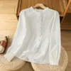 Foto real de camisa de manga larga para mujer con cuello de encaje de algodón bordado, blusa para mujer estilo primavera/otoño 2026