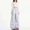 Pantalones Casuales de Cuadros Morados NaturalDopamine para Mujer Verano Estilo Delgado Para Personas Petites Pierna Ancha Largos Estilo Primavera Otoño