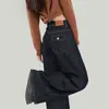 Calça Jeans Wide Leg Azul Escuro para Mulheres Temporada Outono e Inverno 2025 Azul Denim Cintura Alta Wide Leg Solta Drapê Pernas Retas Relaxadas