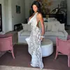 Estilo europeo transfronterizo estampado gris y blanco ropa de mujer cuello halter cuello de volante falda de cadera ajustada cintura ceñida de temperamento escote bajo vestido largo de alta calidad