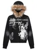 Moletom com Capuz Estampado e Gola de Pelo Estilo High Street Europeu e Americano para Homens e Mulheres, Jaqueta Cross-Border Harajuku com Design Escuro