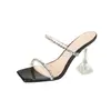 Nuevas Sandalias de Tira con Pedrería para Mujer Verano 2023, Tacones Altos con Tacón Fino, Sandalias Transparentes y Deslumbrantes de Tacón Alto Plateadas