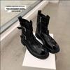 Nova Versão em Couro das Botas de Moda Anuais~Couro de Cavalo Texturizado Lavado Tira com Fivela Salto Grosso Botas Curtas Estilo Martin para Mulheres Estilo Motociclista