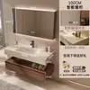 2026 Nuevo Modelo Gabinete de Baño de Madera de Nogal y Cerámica con Lavabo de Placa de Roca Integrado Curvado en Caliente Tocador en Nuevo Estilo Chino