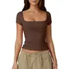 Amazon Transfronterizo Europeo y Americano Top de Mujer Ajustado Adelgazante Ombligo Color Sólido Cuello Cuadrado Camisa Básica Suave Manga Corta Cuello Cuadrado