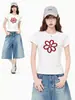 Impresionante Camiseta Blanca con Estampado Floral de Cuello Redondo y Manga Corta para Mujer, Verano 2026, Corte Entallado, Top Elegante