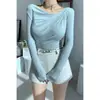 Comercio Exterior Mujer Coreano Primavera y Otoño Sexy Top de un Hombro Camiseta de Manga Larga Plisada Mujer Ajustado Camiseta Básica Ropa Interior