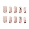 Set de 10 Puntas de Uñas Francesas con Estampado de Leopardo y Pedrería en Forma de Corazón, Uñas Postizas Dulces Hechas a Mano con Purpurina