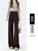 Calça casual reta de lã e acetato com forro de fleece cinza para mulheres, versão estreita, bom caimento, cintura alta, novo estilo, afina a silhueta, versátil, calça pantalona