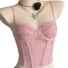 Top corpete cruzado de renda rosa com aro e barbatanas para modelar a cintura